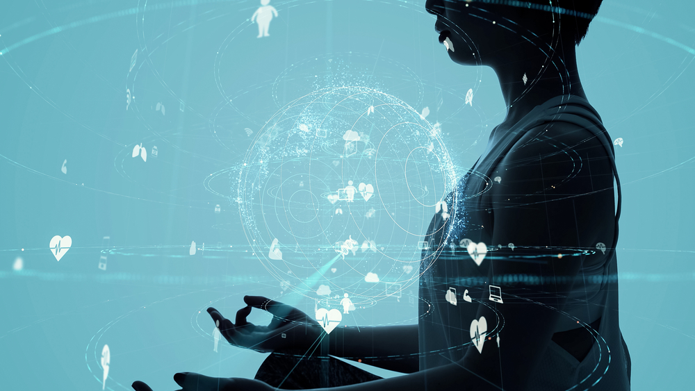 Decorative graphic of a person doing yoga.